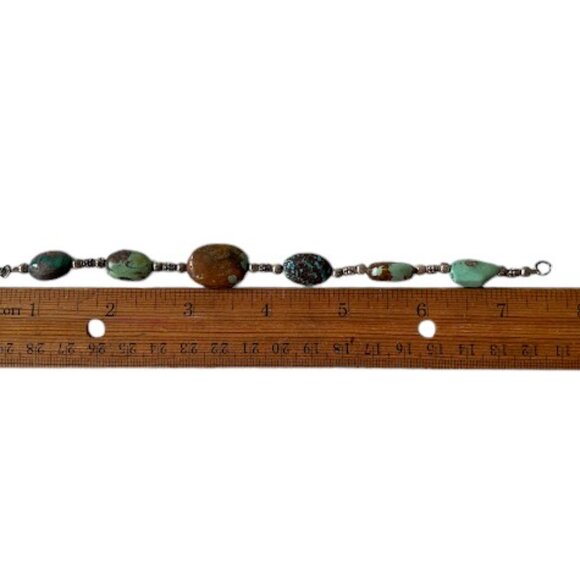 Turquoise Stone Bead Oval Nugget Sterling Silver Bracelet Hand Crafted Chunky - Picture 9 of 9